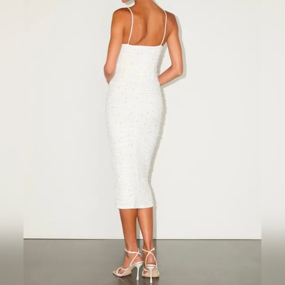 Lulus Toast to Romance White Ruched Pearl Bodycon Midi Dress, Size Large - Picture 3 of 10